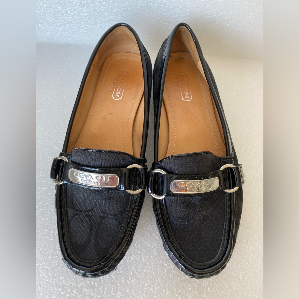 Coach Felisha Black Signature Jacquard & Patent Leather Loafers Size 6B